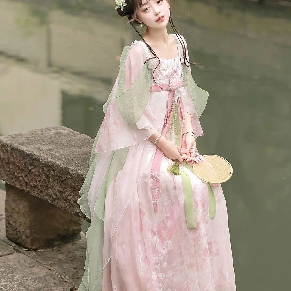 Улучшенное платье Hanfu Lotus Daily Sweet в китайском стиле длиной до груди, полный комплект летних Сказочных платьев, Древние Традиционные наборы Hanfu