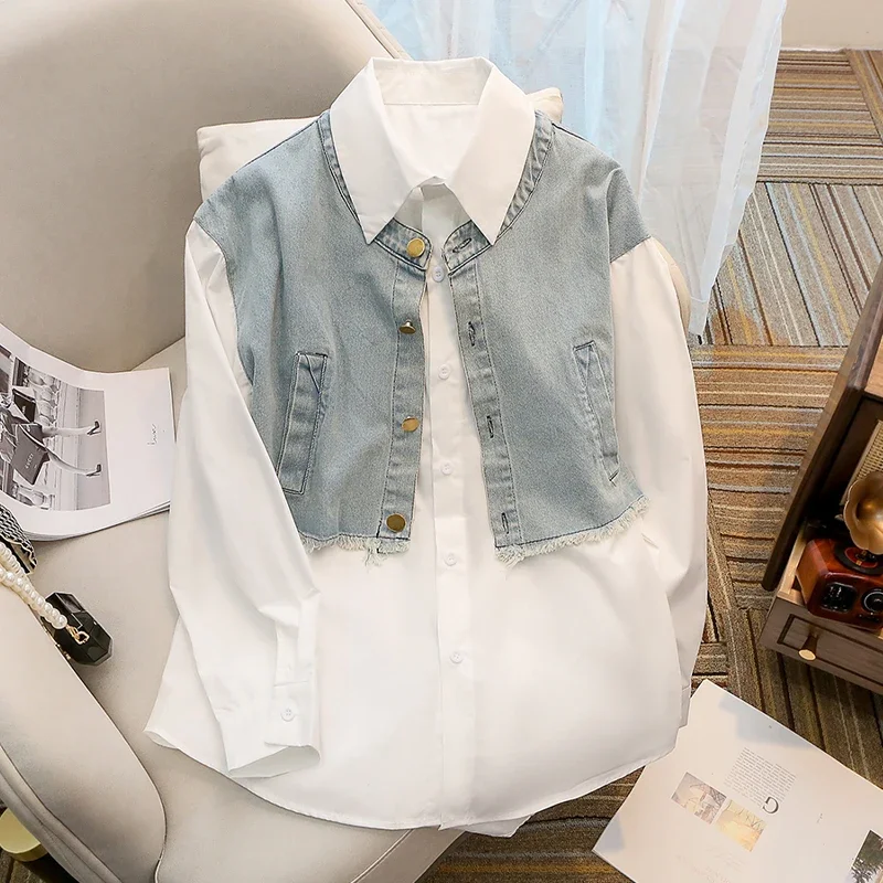 Женская рубашка из двух предметов SuperAen, весна и осень 2023, Новые офисные женские джинсовые рубашки свободного кроя Корейского дизайна