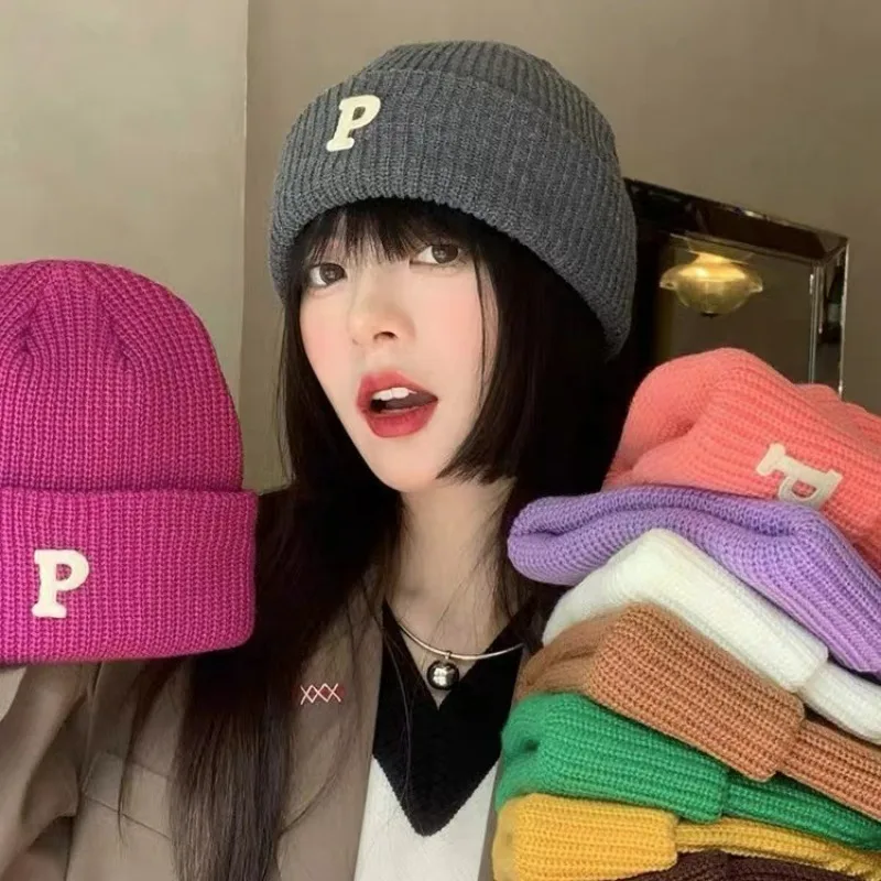 Корейская версия Ins Осенне-зимняя шерстяная шапка с буквой P для мужчин и женщин, модная теплая Универсальная повседневная шапочка-бини с черепом