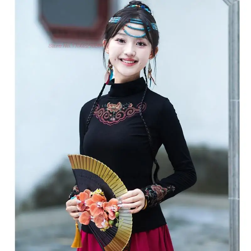 2024 винтажная китайская базовая рубашка, женские топы hanfu с национальной цветочной вышивкой, этническая футболка с воротником-стойкой, восточная нижняя рубашка