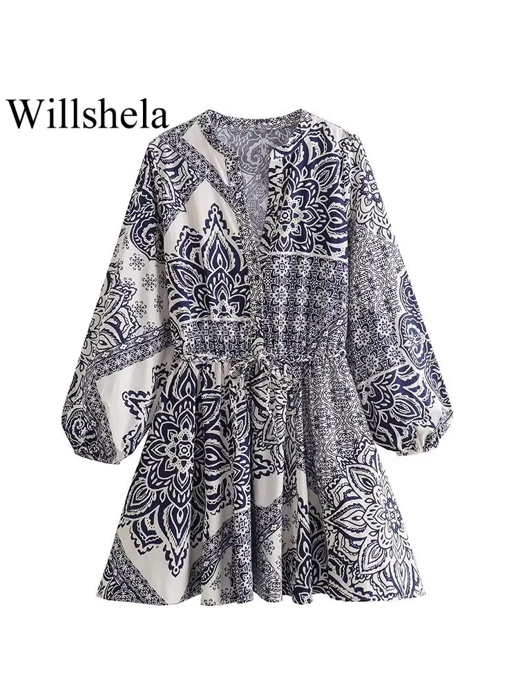 Willshela Женская мода С поясом, однобортное мини-платье с принтом, винтажное платье с V-образным вырезом и длинными рукавами, шикарные женские платья