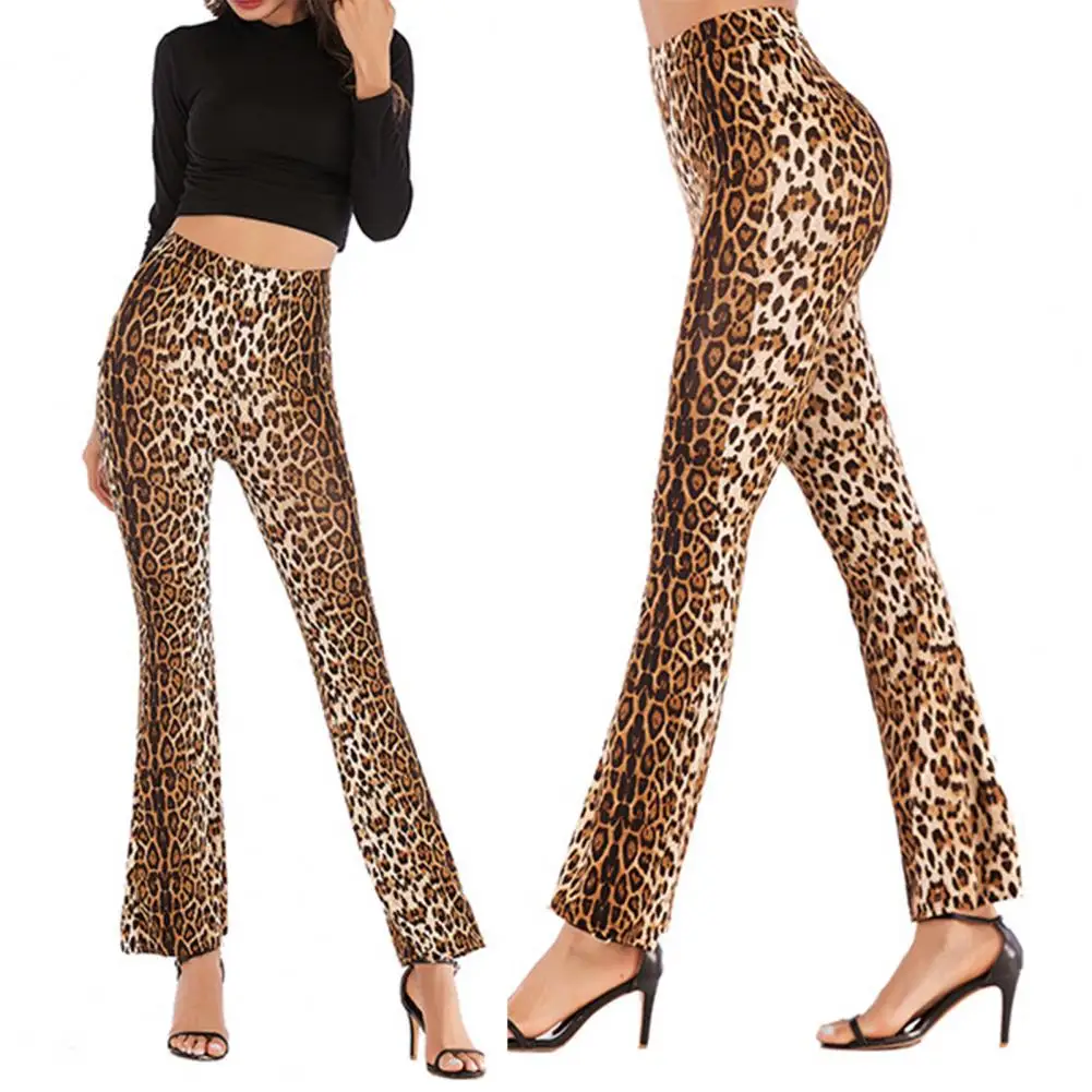 Брюки сплошной цвет Leopard печати расклешенным низом, штаны для йоги для женщин высокая эластичная талия slim fit дышащий эластичный лодыжки длина