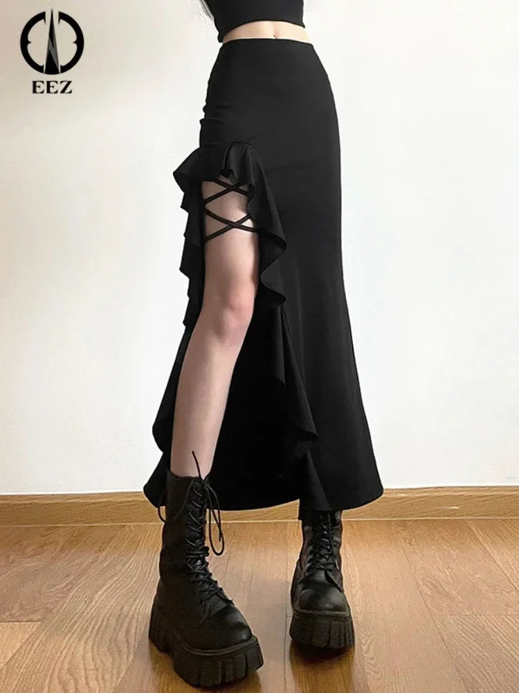 Женская ретро тонкая юбка Миди с разрезом и черными оборками, расклешенная, таинственный уличный тренд, юбка-бандаж для зрелой крутой девушки с высокой талией