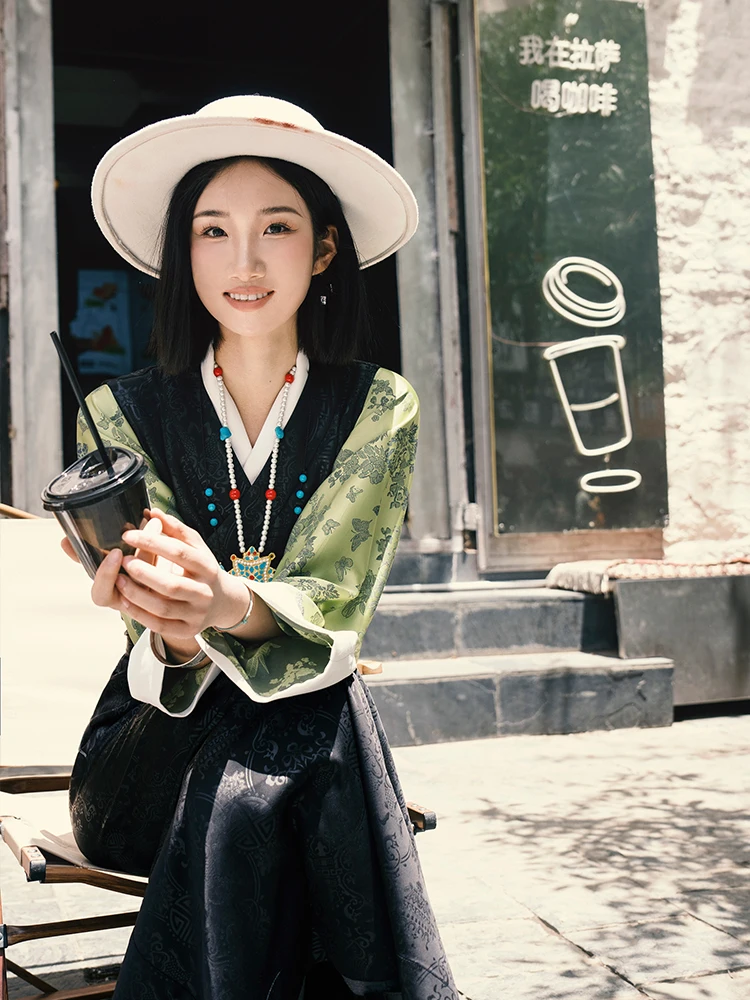 Китайское Печатное Элегантное Черное Тибетское Платье Lhasa Длинное Платье Женского Китайского Стиля Daily Hanfu