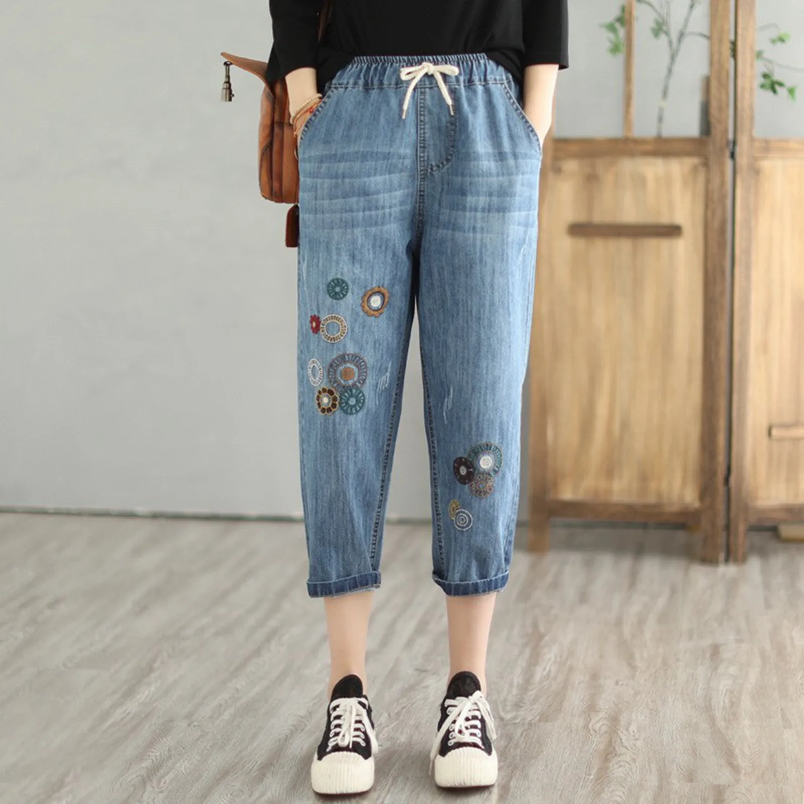 Женские повседневные удобные брюки с литературной вышивкой, эластичные брюки с полевыми цветами для женщин, длинные брюки на ходулях, женская шикарная кладовая Jean Jean