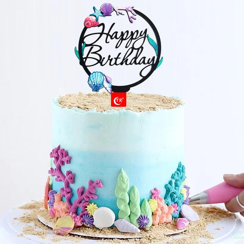 С Днем Рождения, Тематический акриловый топпер для торта Ocean World, цвет ракушки Коралловый, Топпер для выпечки торта для украшения торта на День рождения ребенка