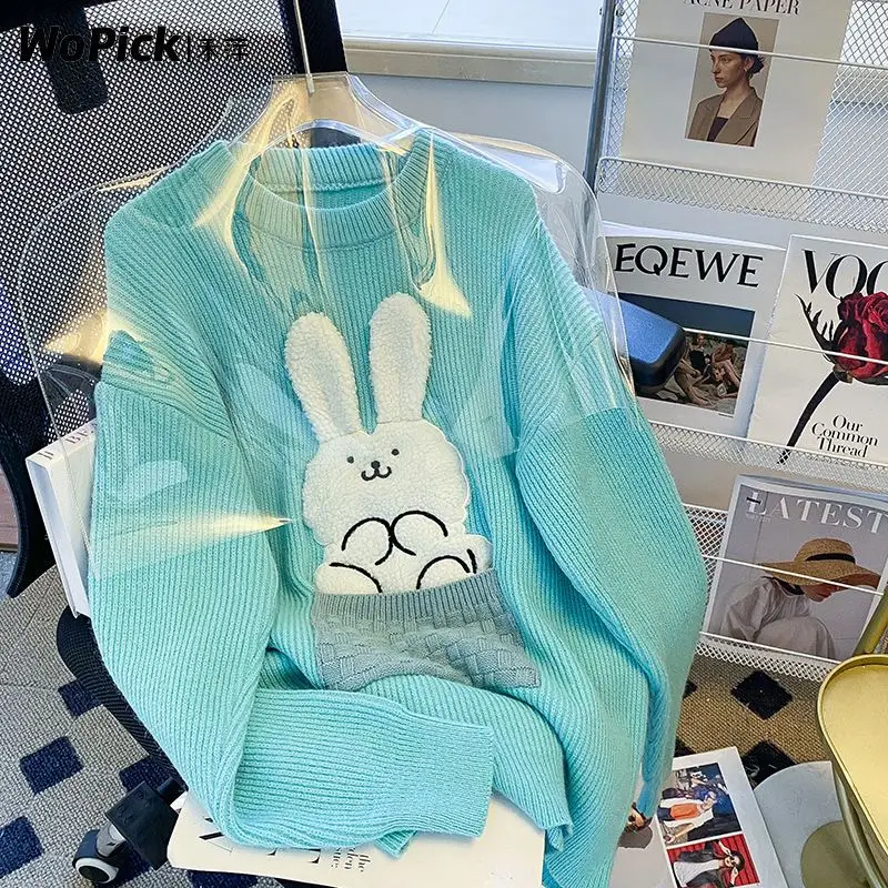 Корейская версия свободного свитера, куртки, свитера с милым кроликом, повседневного трикотажа, свитеров для женщин, зимней одежды, женских милых топов.