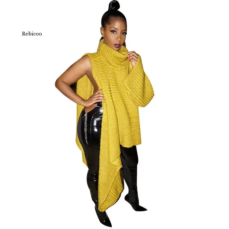 Элегантная женская зимне-осенняя уличная одежда с длинным рукавом, Асимметричная желтая Водолазка, пуловеры, свитера-джемперы