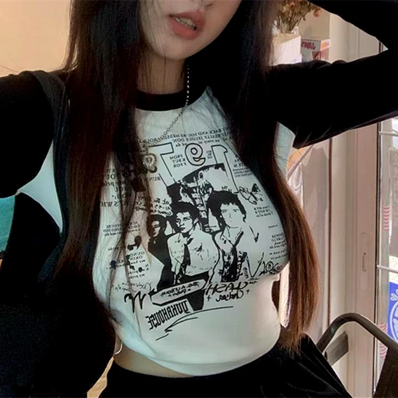 Корейский дизайн, толстовка с винтажным рисунком, футболки с длинным рукавом, короткий пуловер Slim Sexy Lady, уличная одежда с рукавом реглан, Y2K