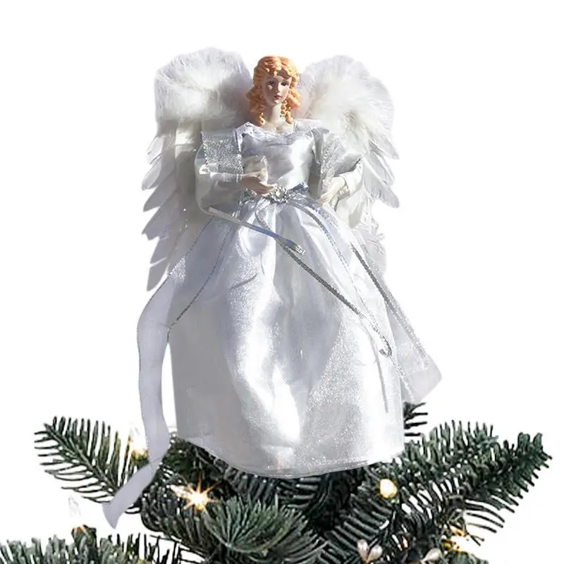 Топпер для елки-ангела, уникальный топпер для елки с подсветкой, с крыльями из белых перьев, подключаемый к розетке или работающий от аккумулятора, высотой 12,6 дюйма в помещении