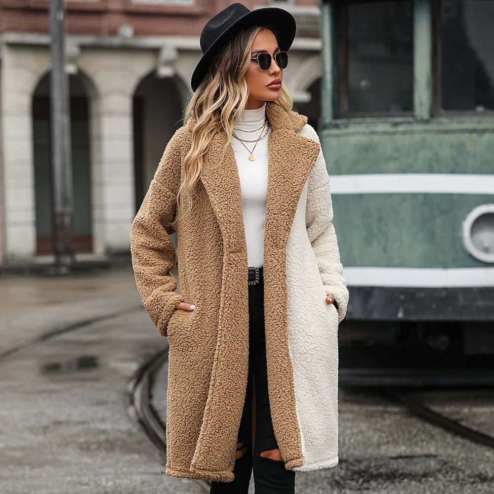 Зимняя одежда, женское осенне-зимнее модное пальто, костюм с длинными рукавами и воротником контрастного цвета, свободная плюшевая куртка средней длины