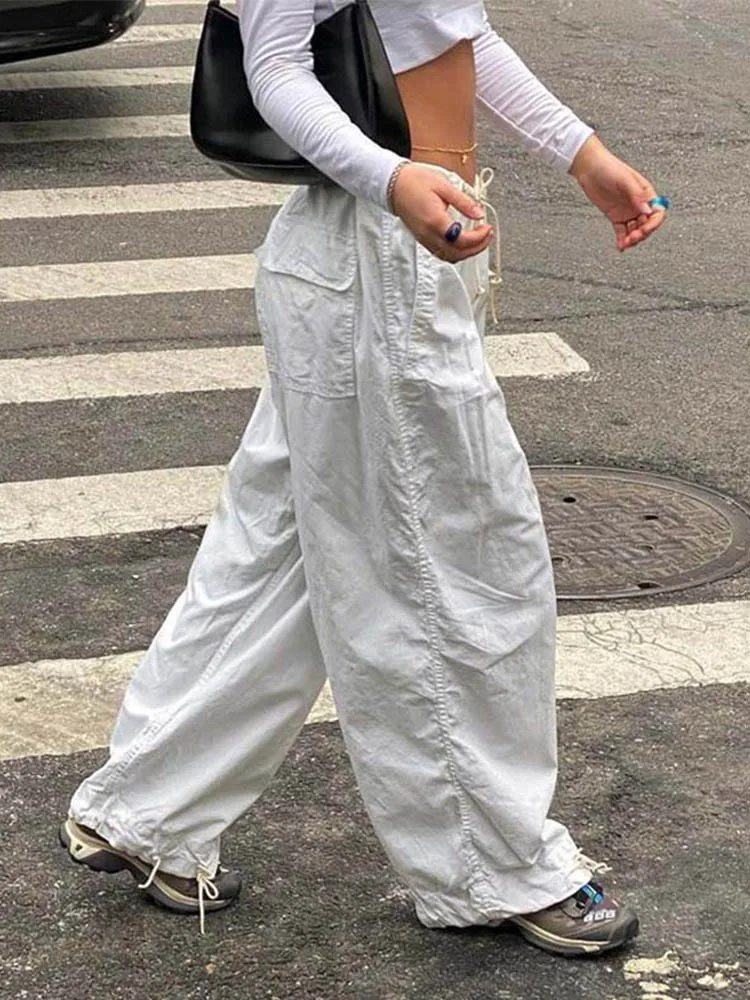 Повседневные мешковатые широкие спортивные брюки, белые свободные штаны с завязками, уличная одежда с низкой талией, брюки-карго, женские брюки-джоггеры в стиле хиппи