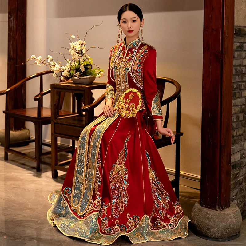 Свадебное платье Невесты, расшитое блестками и бисером, Банкетное платье в Китайском стиле, Винтажный Чонсам с вышивкой Павлином