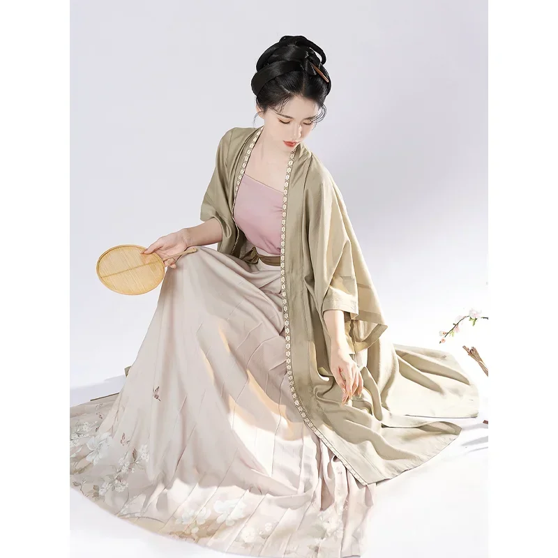 Комплект женского платья Hanfu из 3 предметов династии Сун, длинное пальто в китайском стиле с коротким рукавом, Улучшенная перевязь, Классическая плиссированная юбка, Сказочное платье