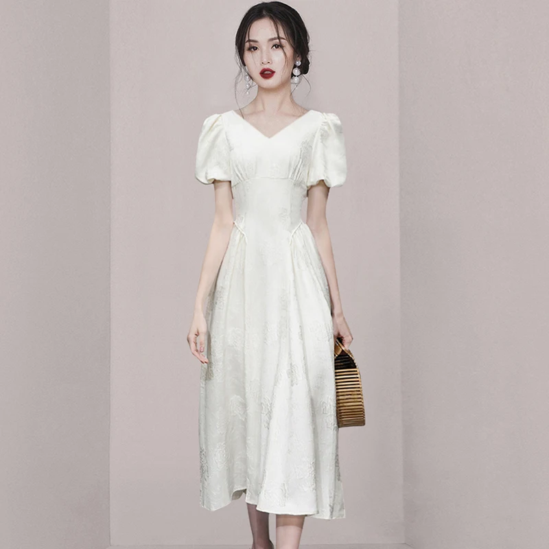 Летнее новое элегантное и минималистичное модное жаккардовое платье с V-образным вырезом и тонкой талией HN0938068