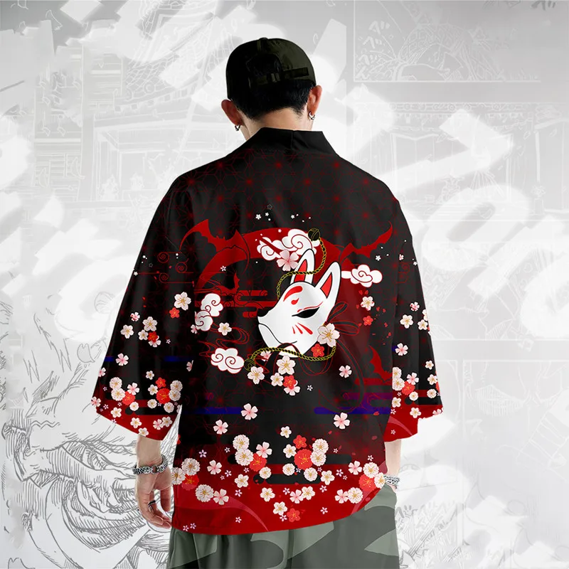 Костюм-двойка в китайском стиле с цветочной лисой, Японский кардиган, Женская Мужская одежда для косплея, Кимоно Самурая Харадзюку + Комплекты брюк
