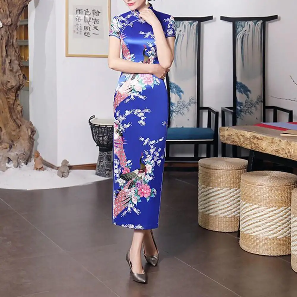 Китайское платье Чонсам в китайском национальном стиле, цветочный принт, воротник-стойка, женское платье с разрезом по бокам, китайское платье на лето