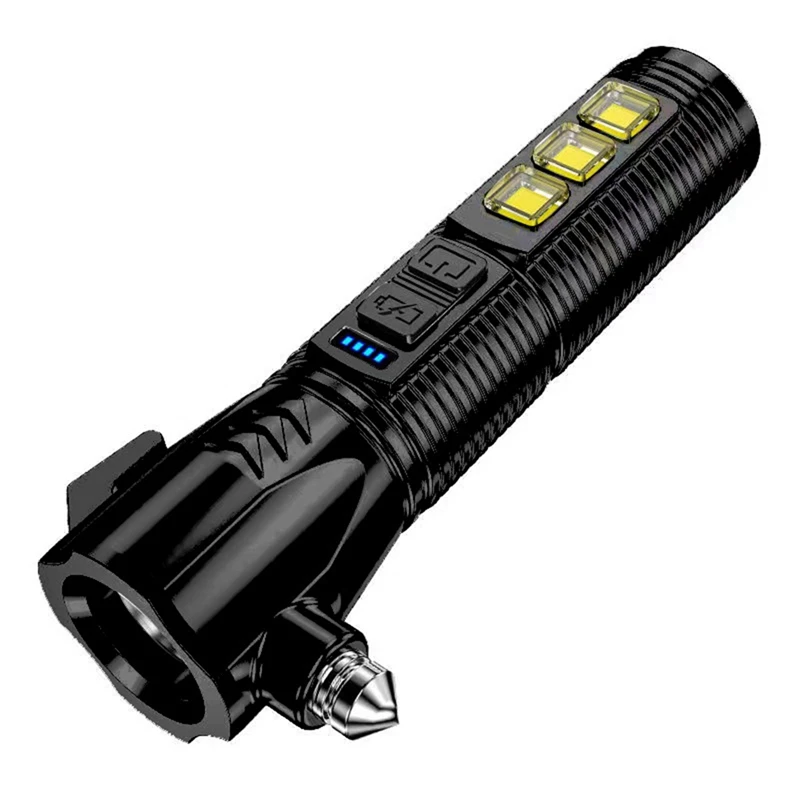 Многофункциональный фонарик с сильным светом, автомобильный молоток безопасности, аварийный молоток, USB-перезаряжаемая лампа пожарной сигнализации.