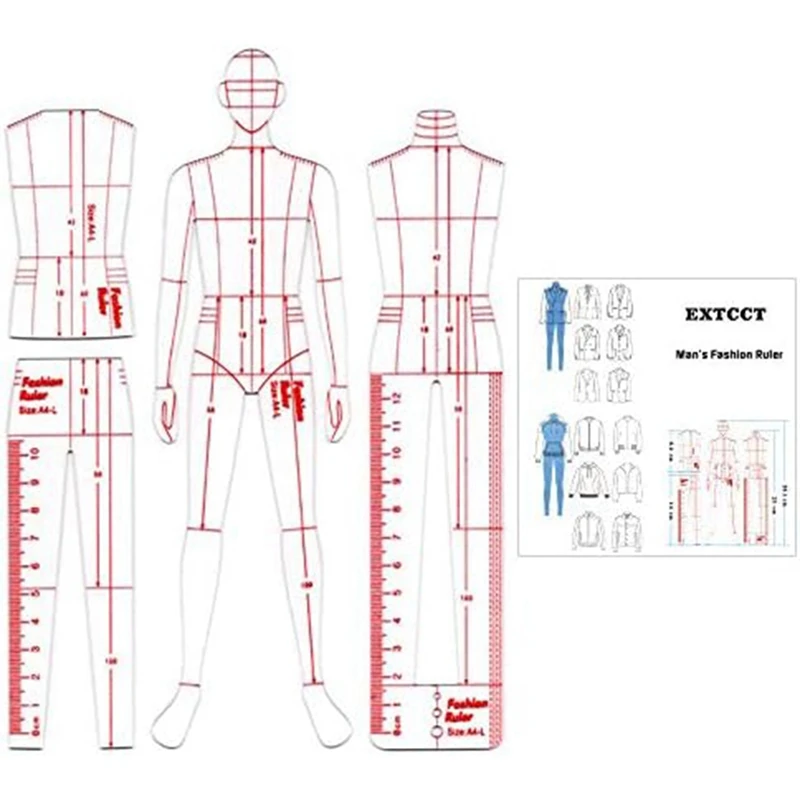 Мужская мода Иллюстрация линейка шаблон для рисования акрил для шитья Дизайн рисунка гуманоида, измерение одежды