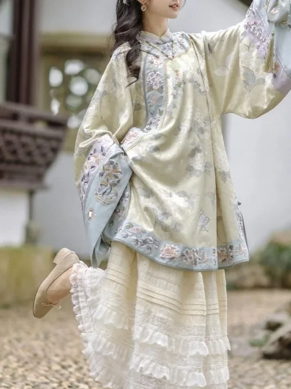 2024 Цин Хань, Женская оригинальная юбка Hanfu с круглым вырезом, китайский стиль, вышивка тяжелой промышленности, династия Цин, Китайский топ Mamianqun