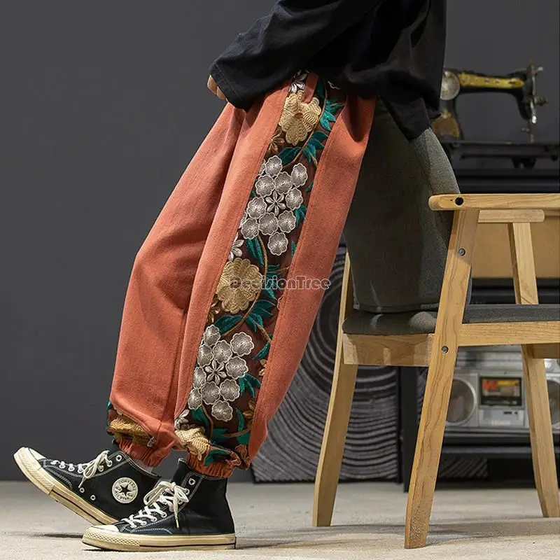 2023 модные брюки с сращенным дизайном, весенне-осенние шаровары с вышивкой в китайском стиле для мужчин, свободные хлопковые брюки для отдыха w31