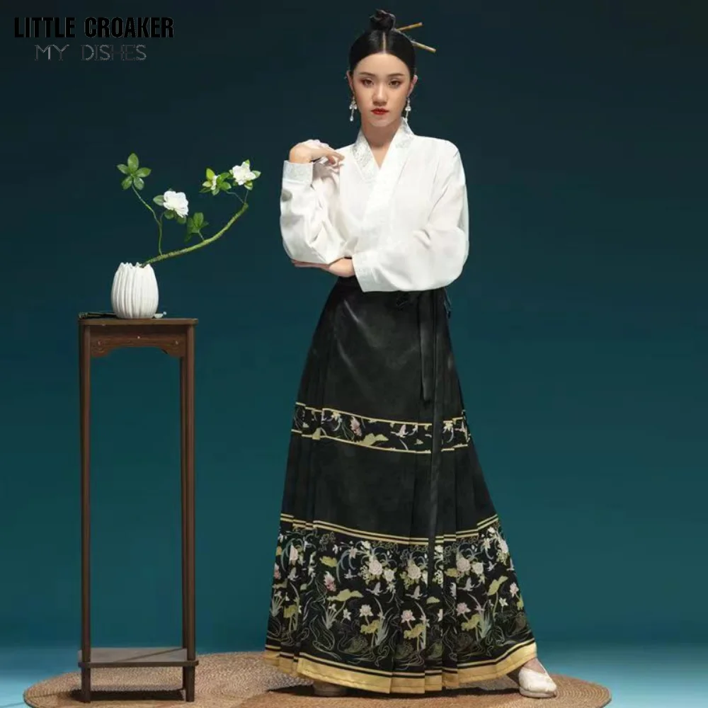 Традиционная китайская юбка Hanfu Modern Mamian для женщин в этническом стиле династии Мин, элегантные юбки с лошадиной мордой в складку + верхняя одежда