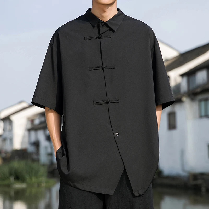 Мужская летняя Черная Рубашка с короткими рукавами в Неокитайском стиле с пряжкой в стиле Ретро, Свободная рубашка для Мужчин, Мужская Футболка с отворотом из Ледяного шелка