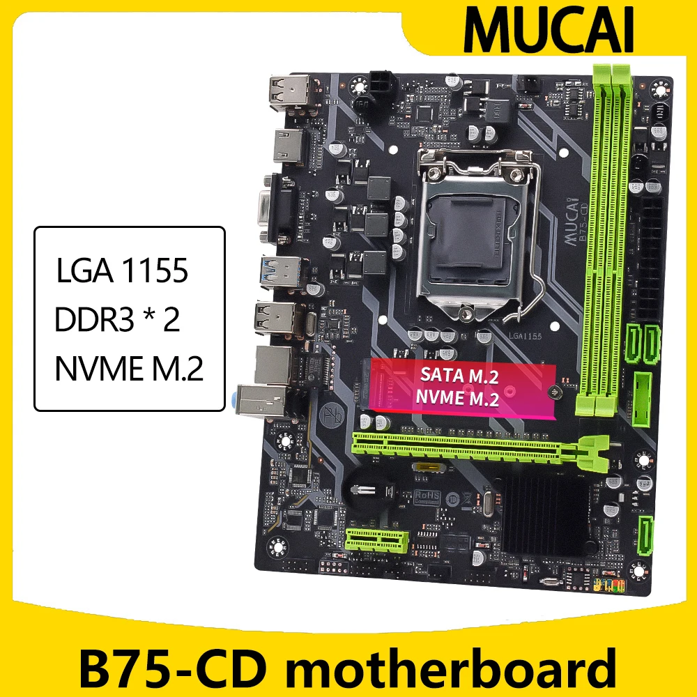 Материнская плата MUCAI B75 LGA 1155 Совместима с процессорами Intel Core 2-го и 3-го поколений, поддерживает M.2 NVME SATA SDD