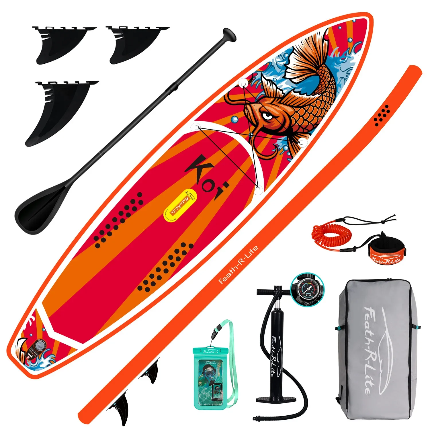 Надувная доска для серфинга SUP с рюкзаком, поводком, насосом, водонепроницаемой сумкой, ластами