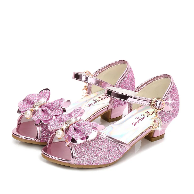 Детская кожаная обувь принцессы для девочек с цветочным узором, повседневная детская обувь с блестками для девочек на высоком каблуке, синий, розовый, серебристый
