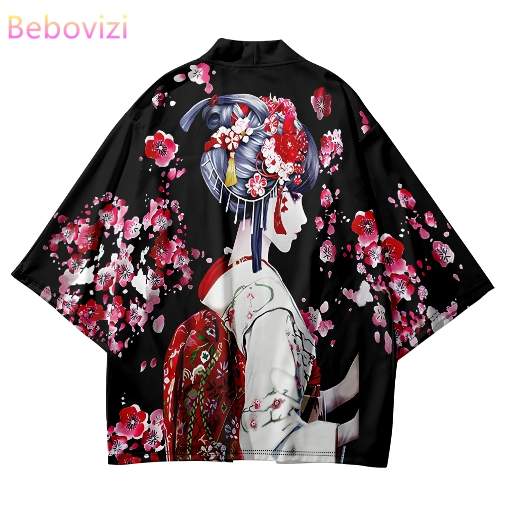 Кардиган-кимоно с цветком Сакуры и принтом Гейши в японском стиле, рубашка для косплея, блузка для женщин и мужчин, пляж Юката, Традиционный топ Хаори