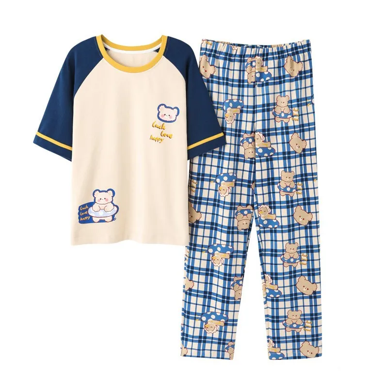 Комплект хлопчатобумажной пижамы с круглым вырезом и рисунком из двух предметов, повседневные брюки с коротким рукавом, пижама, Милый женский Летний пижамный комплект 