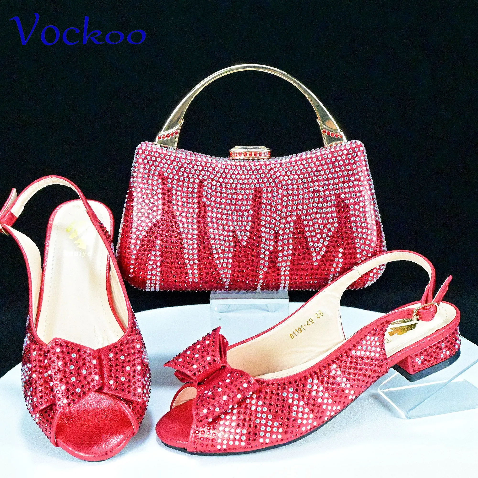 Красный цвет, высококачественная классическая обувь в стиле ретро, сумка в тон с аппликациями, Сверкающие кристаллы, низкие каблуки для вечеринки в саду