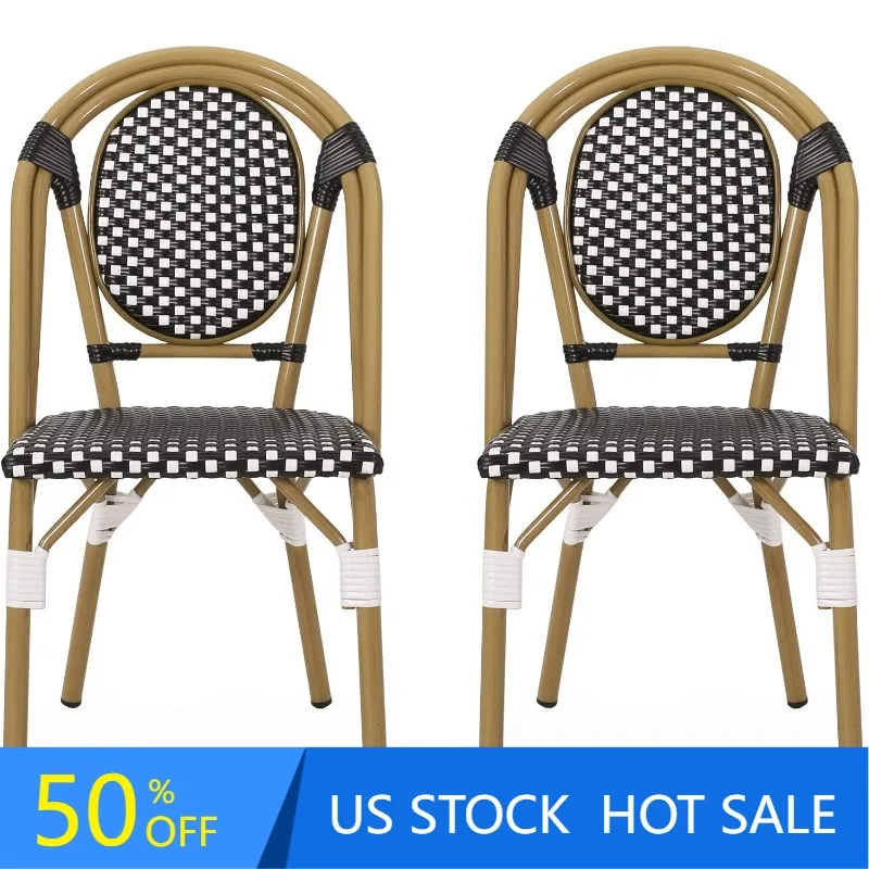 Уличные французские стулья для бистро (комплект из 2), черный + белый + бамбуковая отделка с принтом