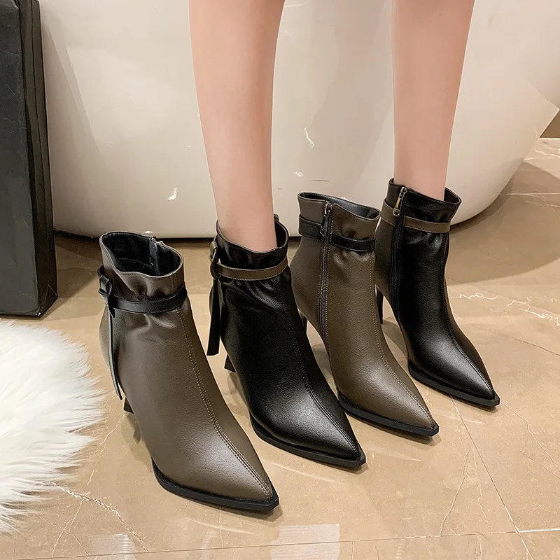 Женские кожаные сапоги на молнии-женская осенняя обувь 2023 года, ботильоны, высокий каблук, резиновые женские туфли с острым носком из искусственной кожи, однотонные базовые туфли с острым носком