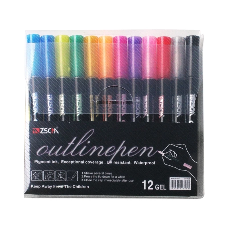 Набор из 12 штук блестящих ручек для детей, мерцающих цветных ручек с двойной линией контура