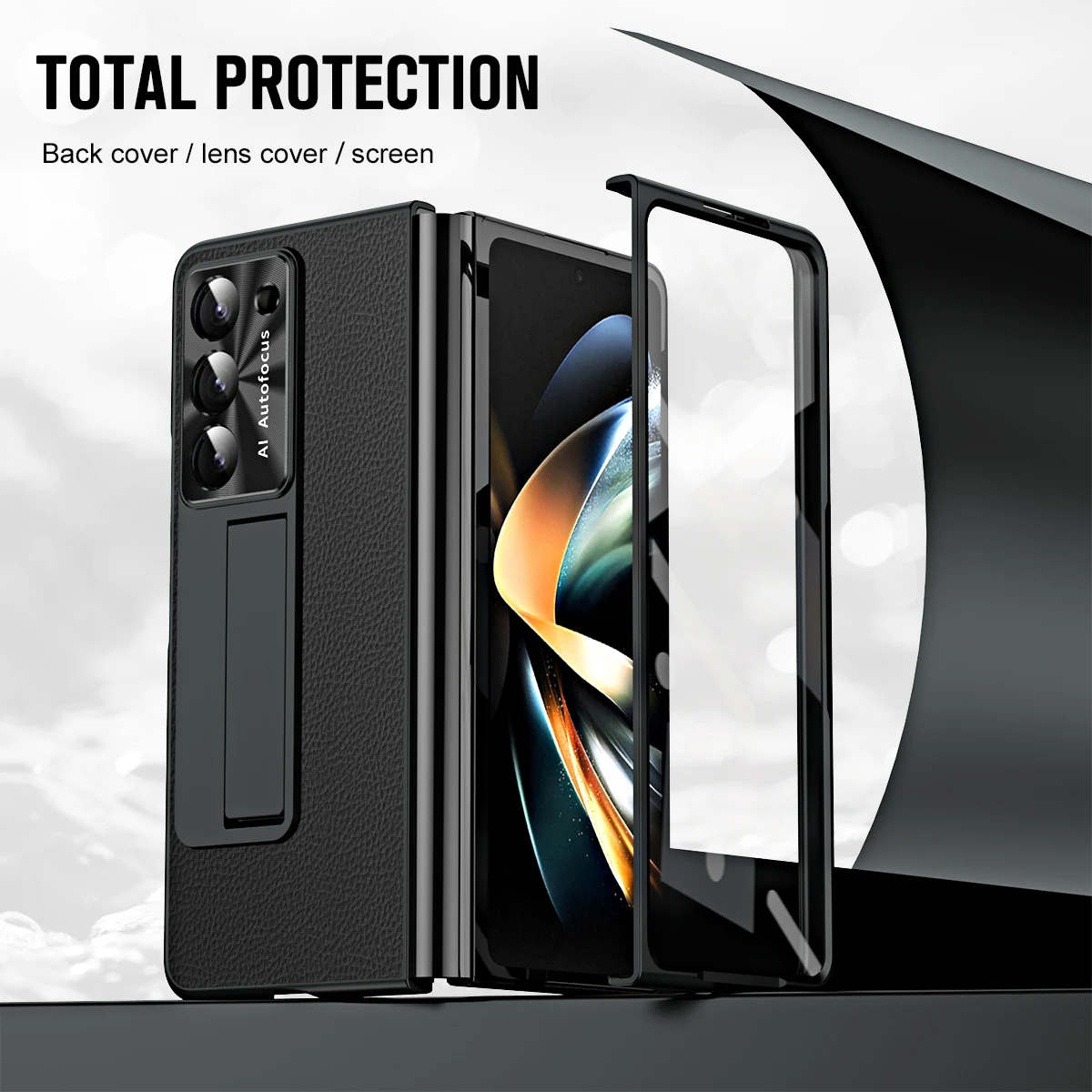 Чехлы для телефонов Samsung Galaxy Z Fold 5 Shell Film Встроенный складной защитный чехол из текстурированной кожи Личи, чехол-кронштейн, новинка