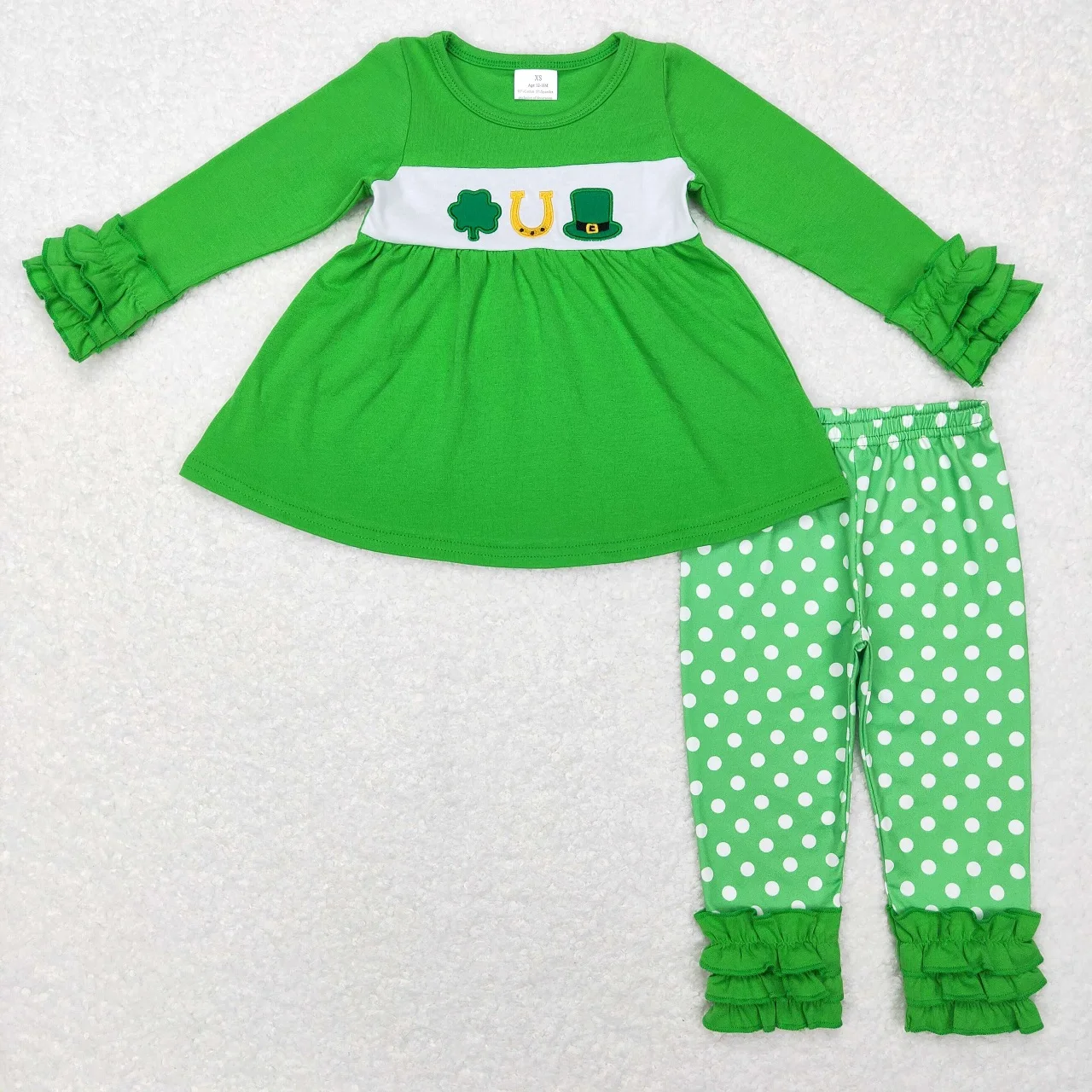 Оптовая продажа, детская одежда для малышей на День Святого Патрика, зеленая рубашка с длинными рукавами и вышивкой в виде клевера, штаны с оборками, детский комплект