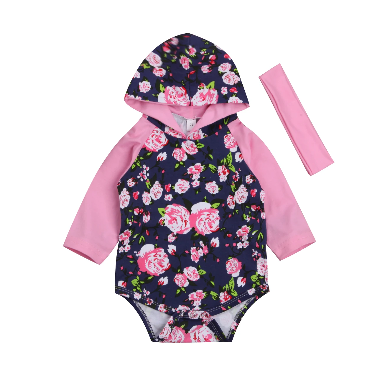 2 шт., Боди с капюшоном и длинными рукавами в цветочек для новорожденных девочек, комбинезон, повязка на голову, комплект одежды