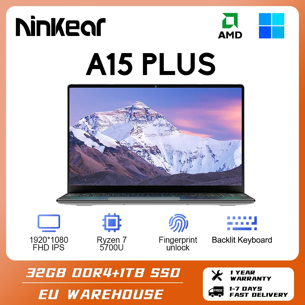 Ноутбук Ninkear A15 Plus 15,6 дюймов AMD Ryzen7 5700U 32 ГБ DDR4 1 ТБ PCIE 9000 мАч С длительным сроком службы Бизнес-ноутбук