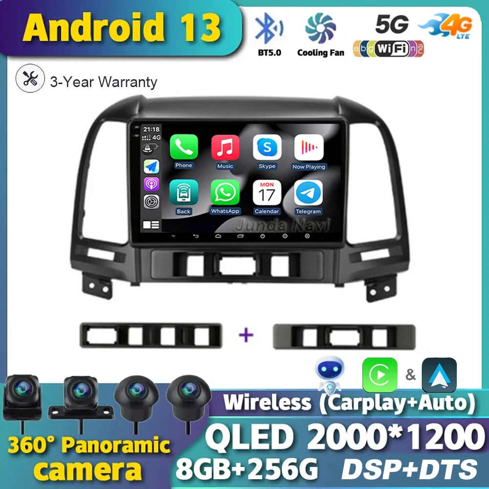 Автомагнитола Android 13 для Hyundai Santa Fe 2 2006-2012, беспроводной мультимедийный видеоплеер Carplay 4G WIFI, GPS-навигация, стерео BT