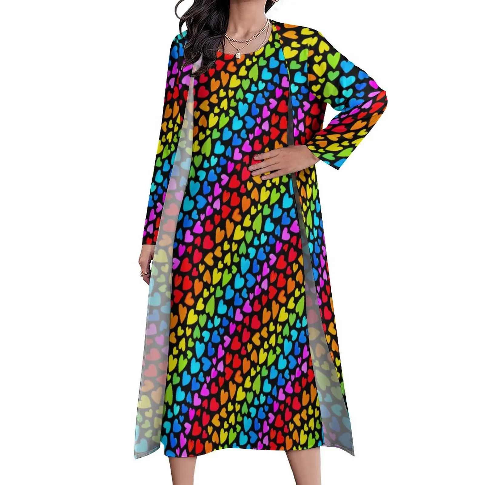 Акварельное платье с принтом в виде сердца Rainbow Hearts, Винтажное Макси-платье, уличная одежда, Повседневные Длинные платья, Женская одежда Оверсайз из двух частей