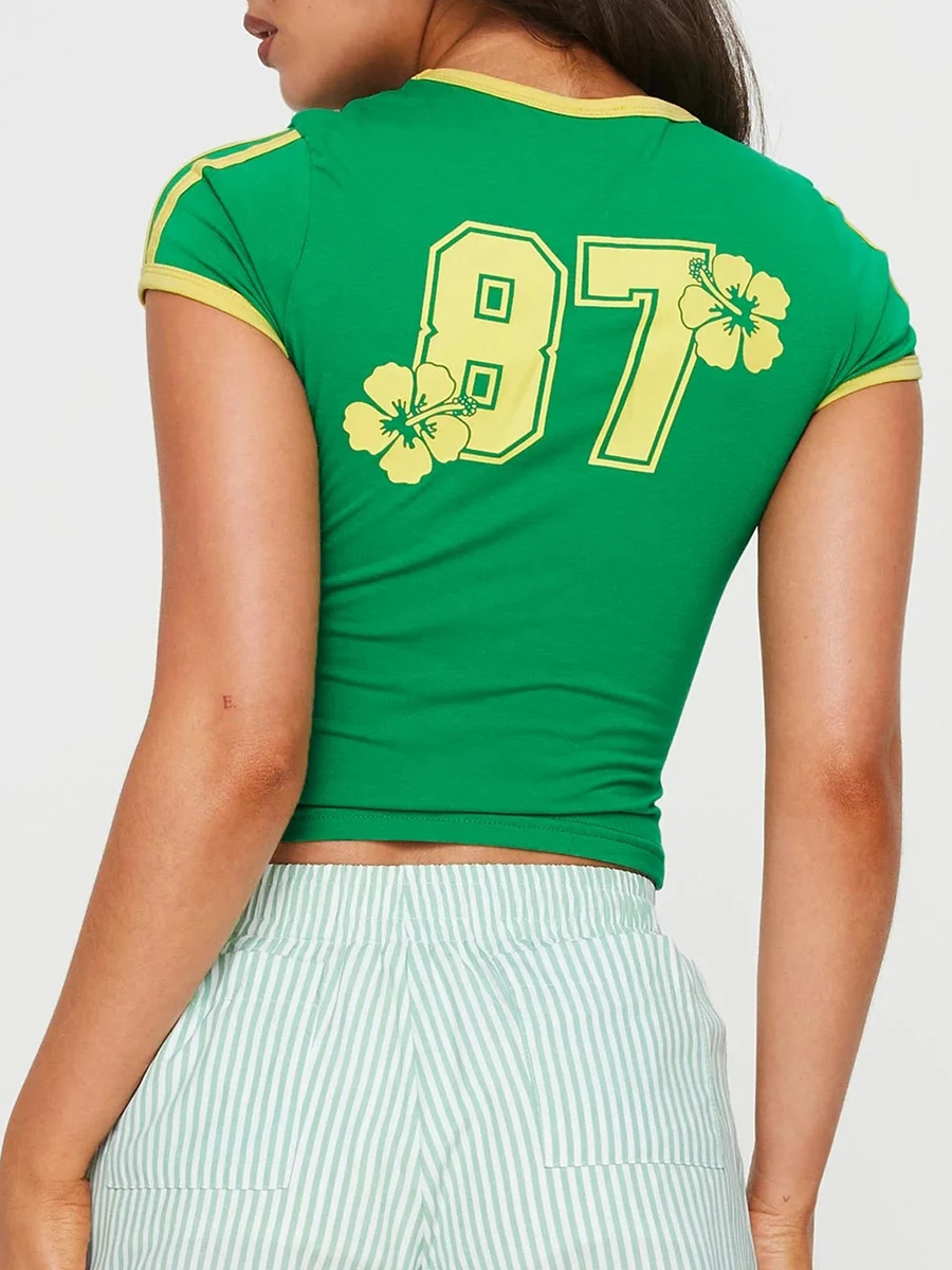 Женские эстетичные топы Y2k с коротким рукавом и буквенным принтом в гранжевом стиле, облегающая футболка контрастного цвета, уличная одежда