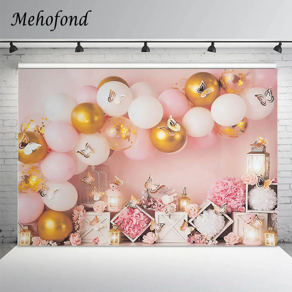 Фотофоны Mehofond Princess Birthday Cake Smash, Золотые воздушные шары, Розовый цветок, Бабочка, световой фон для фотосессии, Фотосессия
