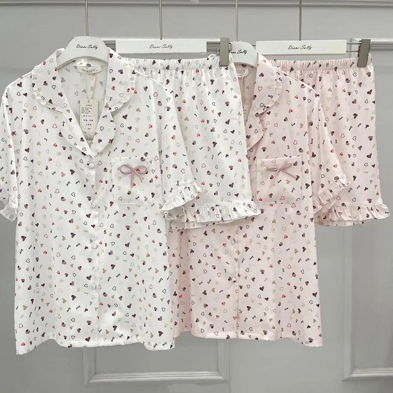 Весенне-летний комплект домашней одежды Love Sweet с короткими рукавами, Атласная женская летняя пижама из ледяного шелка с принтом