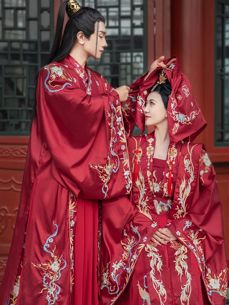 Свадебное платье с вышивкой Феникса и дракона Для пары Элегантный воротник-стойка Cheongsam в китайском стиле Изысканный свадебный комплект