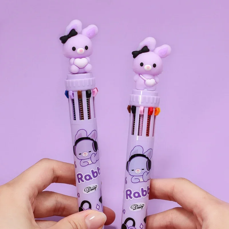 Фиолетовая многоцветная шариковая ручка с кроликом, красивые десять цветов, цвета студенческого журнала, маркер, канцелярские принадлежности для студентов