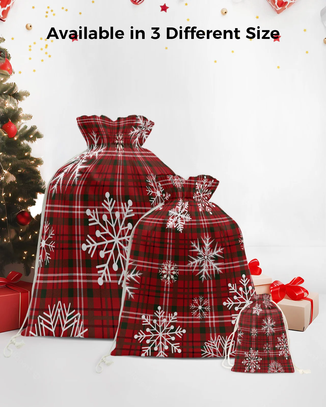 Рождественские Зимние снежинки, красная клетчатая Рождественская подарочная сумка Санта-Клауса, сумка на шнурке, рождественские украшения для домашних держателей подарков