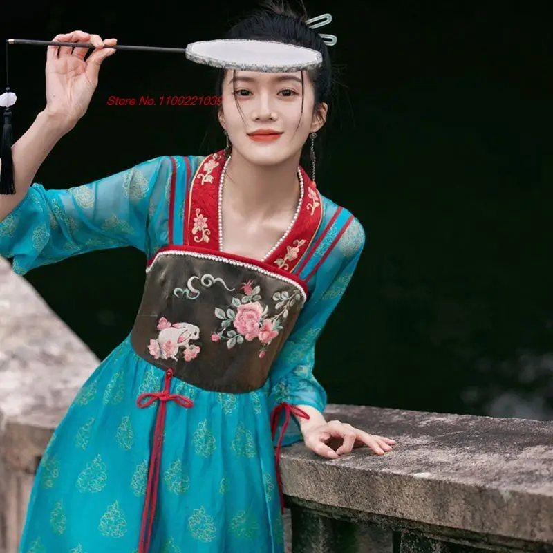 2024 народный танцевальный костюм китайское национальное пальто + платье на бретельках комплект старинного шифонового платья принцессы с цветочным принтом винтажное платье hanfu