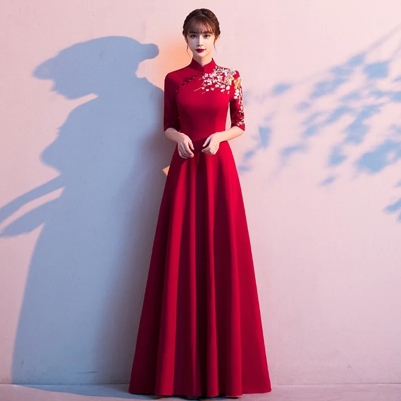Плюс размер 3XL, вечернее платье в китайском стиле, Леди Ципао, бордовое, с вышивкой и аппликацией, банкетное платье Чонсам, Элегантное праздничное платье